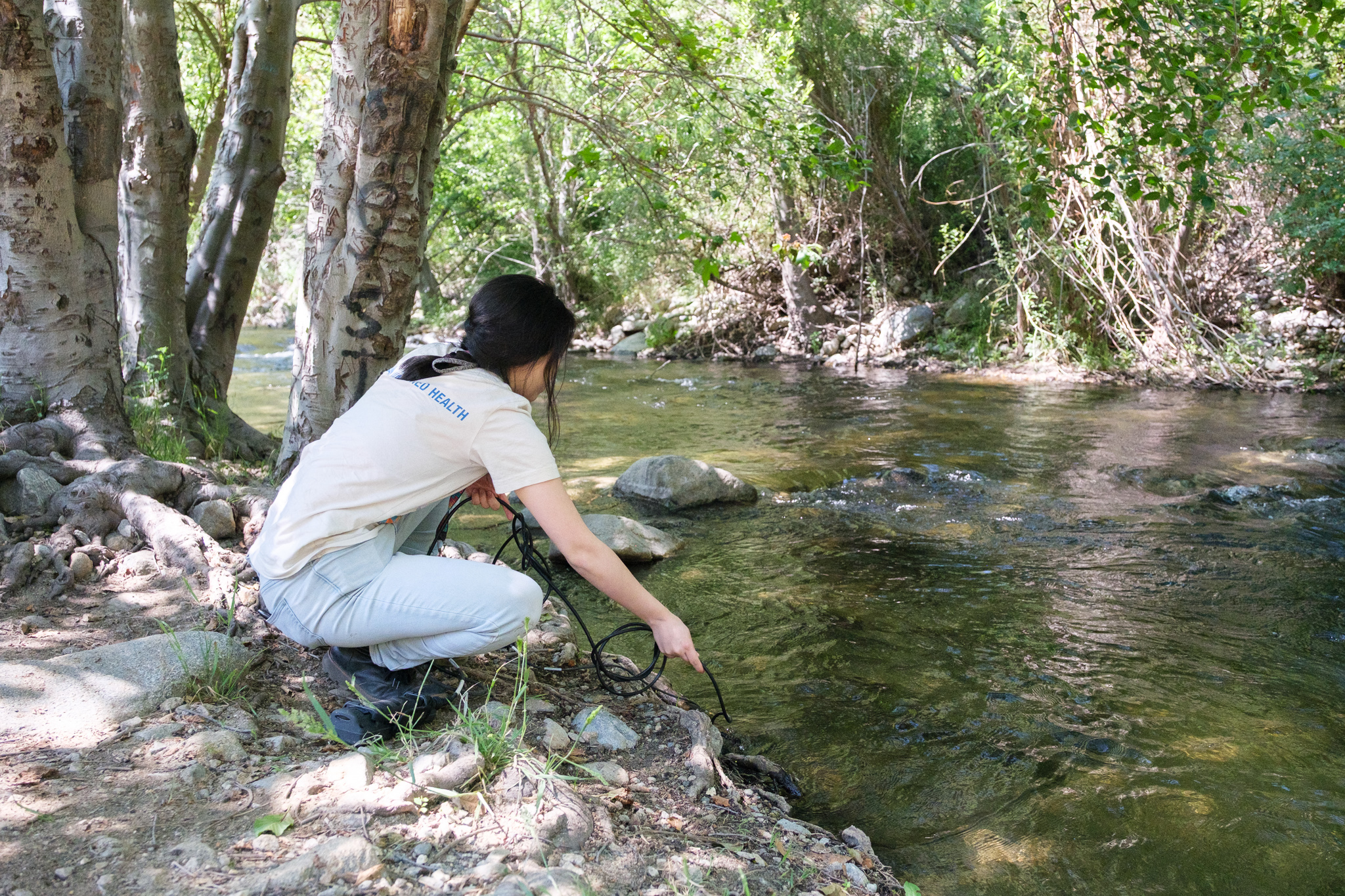 Staff member reaching out to test water conditions